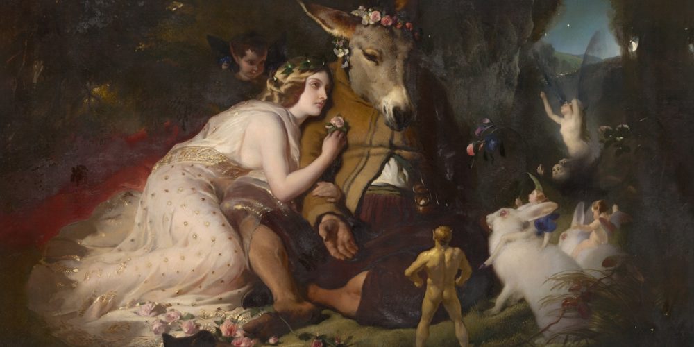 This Edwin Landseer painting was commissioned by the engineer Isambard Kingdom Brunel to hang on his dining room wall as part of a series of Shakespeare-themed works. The painting, its subject likely selected by Landseer for its close ties to animals, was popular from its first exhibition; a young Victoria (future Queen of England) described it as "a gem, beautifully fairy-like and graceful". (Source: Google Art description)

More:

 Original public domain image from Wikimedia Commons